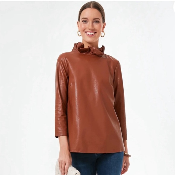 Tuckernuck Cognac Faux Leather Faye Ruffle Bow Neck Quarter Sleeve Blouse- XS - Picture 3 of 9